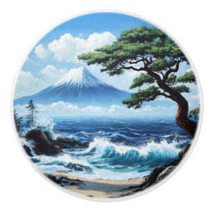 Bouton De Porte En Céramique Le Mont Fuji Japon Vue Océan Tableau