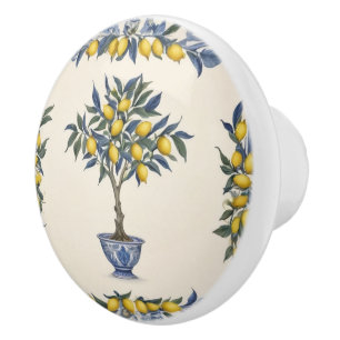 Bouton De Porte En Céramique Lemon Tree in Blue and White Pot Lemons