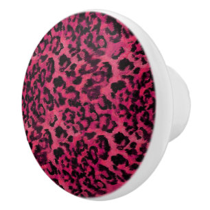 Bouton De Porte En Céramique Léopard tacheté rose vif et noir