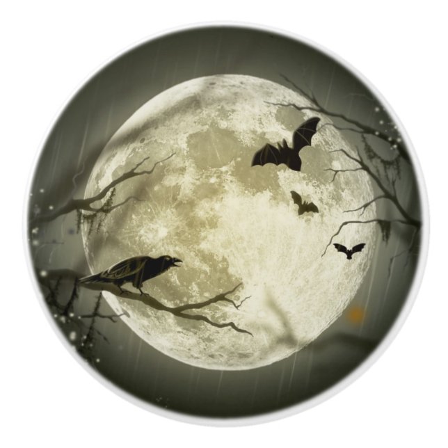 Bouton De Porte En Céramique Les chauves-souris sur la lune à l'Halloween (Devant)
