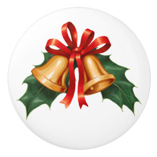 Bouton De Porte En Céramique Les cloches de Noël et les Feuilles Holly