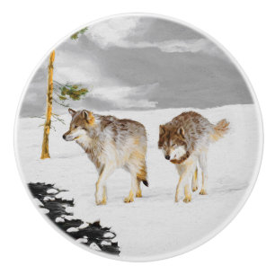Bouton De Porte En Céramique Les loups en peinture sur neige - Art original de