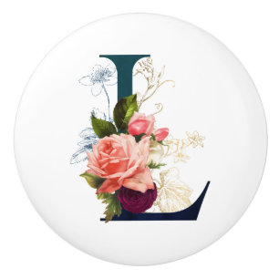 Bouton De Porte En Céramique Lettre L monogramme floral élégant rose 