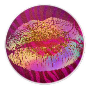 Bouton De Porte En Céramique Lèvres Baiser Imprimé Zèbre Rose Or Paillettes Arc