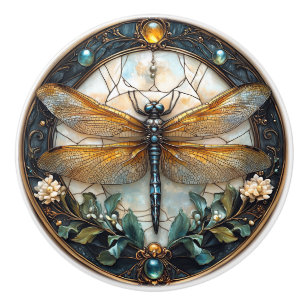 Bouton De Porte En Céramique Libellule en émail Pierres Fleurs Filigrane d'or