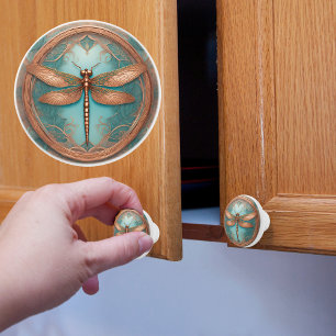 Bouton De Porte En Céramique Libellule encadrée de cuivre et de turquoise