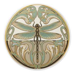 Bouton De Porte En Céramique Libellule Vert Sauge & Or Art Déco Nouveau