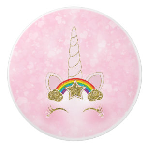 Bouton De Porte En Céramique Licorne à corne visage arc-en-ciel or coeurs roses