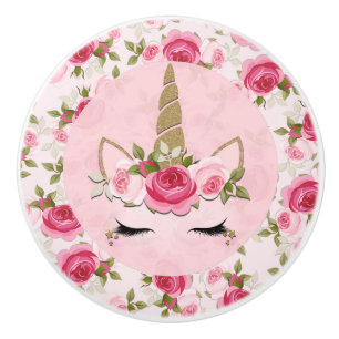 Bouton De Porte En Céramique Licorne Or Roses Florales Mignonnes Tendances