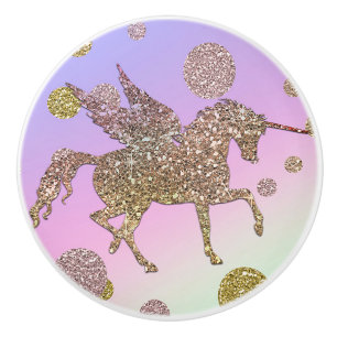 Bouton De Porte En Céramique Licorne Pastel Arc-en-Ciel Points Dorés Filles Bra