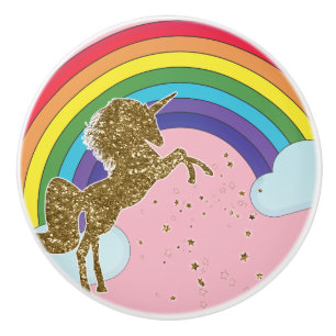 Bouton De Porte En Céramique Licorne Rétro Arc-en-Ciel & Étoiles Dorées Filles