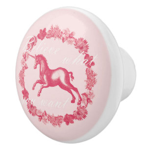 Bouton De Porte En Céramique Licorne rose et fleurs