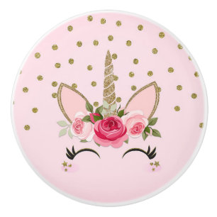 Bouton De Porte En Céramique Licorne tendance pailletée or et fleurs roses
