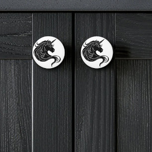 Bouton De Porte En Céramique Licorne Tribale Noire Fantastique Minimaliste Blan