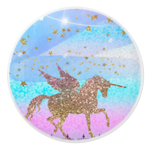 Bouton De Porte En Céramique Licorne Volante Pailletée Fantastique Étincelle Ma