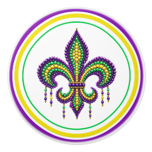 Bouton De Porte En Céramique Lilas jaune vert Mardi Gras fleur de lis