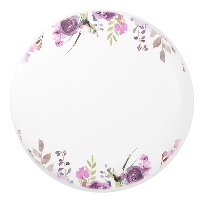 Bouton De Porte En Céramique Lilas Lavande Violet Aquarelle Floral Chic (Devant)