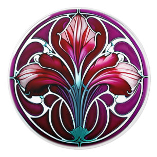 Bouton De Porte En Céramique Lily stylisée Art Déco rouge pourpre 2