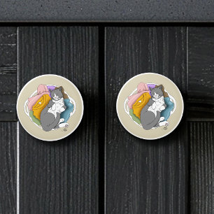 Bouton De Porte En Céramique Linge Cheveux de Chat Gris Blanc