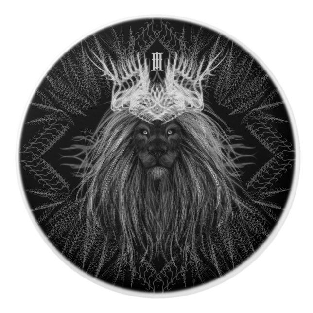 Bouton De Porte En Céramique Lion avec monogramme de couronne (Devant)