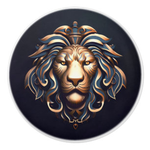 Bouton De Porte En Céramique Lion Bleu Doré