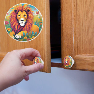 Bouton De Porte En Céramique Lion dans le jardin de fleurs