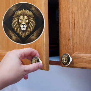 Bouton De Porte En Céramique Lion doré sur fond noir