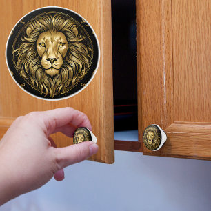 Bouton De Porte En Céramique Lion Doré sur Fond Noir