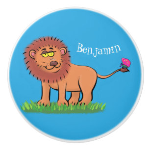 Bouton De Porte En Céramique Lion joyeux avec dessin animé de papillon