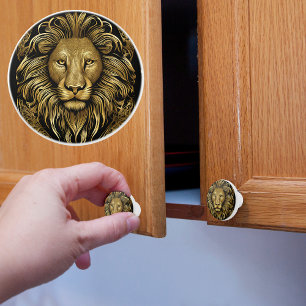 Bouton De Porte En Céramique Lion Noir sur Fond Or