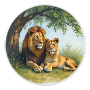 Bouton De Porte En Céramique Lionnes et lions mâles sous un arbre