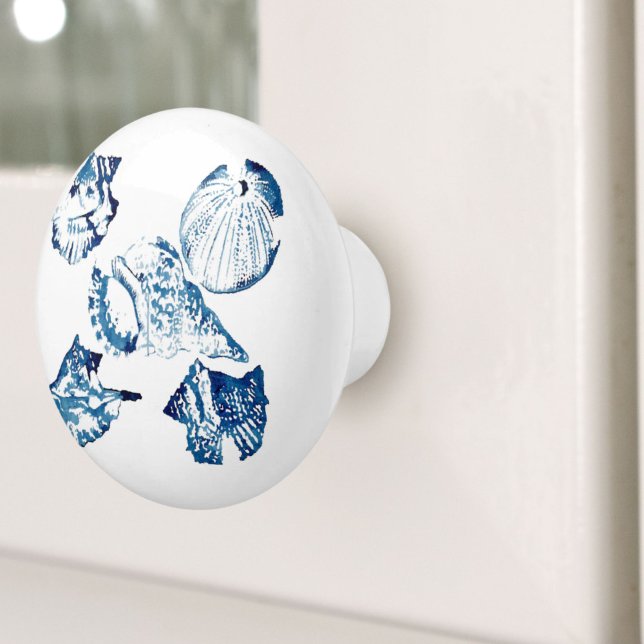 Bouton De Porte En Céramique littoral chic indigo bleu marine (coastal chic indigo blue ocean watercolor seashell ceramic knob)