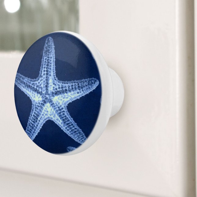 Bouton De Porte En Céramique littoral chic plage rustique nautique bleu étoile (coastal chic beach rustic nautical blue starfish ceramic knob)
