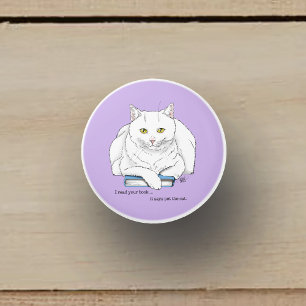 Bouton De Porte En Céramique Livre de chat blanc drôle lisant humour violet