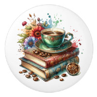 Livres anciens, fleurs et café ou thé