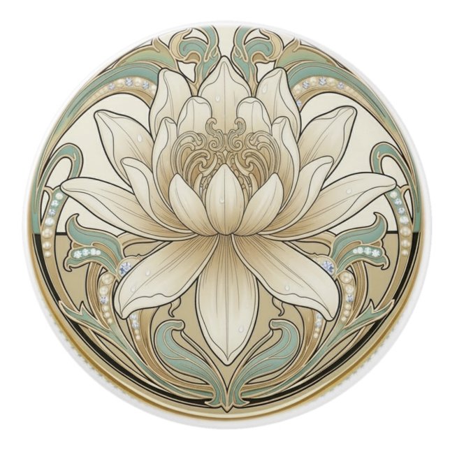 Bouton De Porte En Céramique Lotus Flower Green Cream Gold Art Deco Nouveau (Devant)