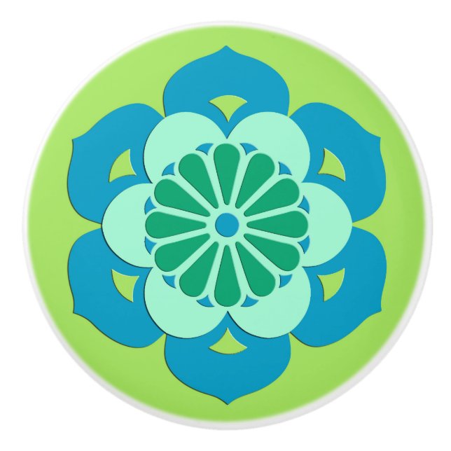 Bouton De Porte En Céramique Lotus Flower Mandala, Lime Green et Bleu clair (Devant)
