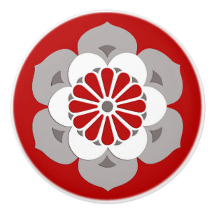 Bouton De Porte En Céramique Lotus Flower Mandala, rouge foncé, gris et blanc