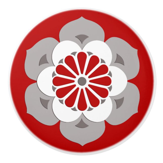 Bouton De Porte En Céramique Lotus Flower Mandala, rouge foncé, gris et blanc (Devant)