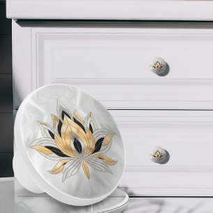 Bouton De Porte En Céramique Lotus Flower - Noir, Perle et Or