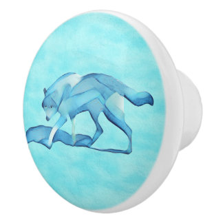 Bouton De Porte En Céramique Loup Bleu Sur La Neige
