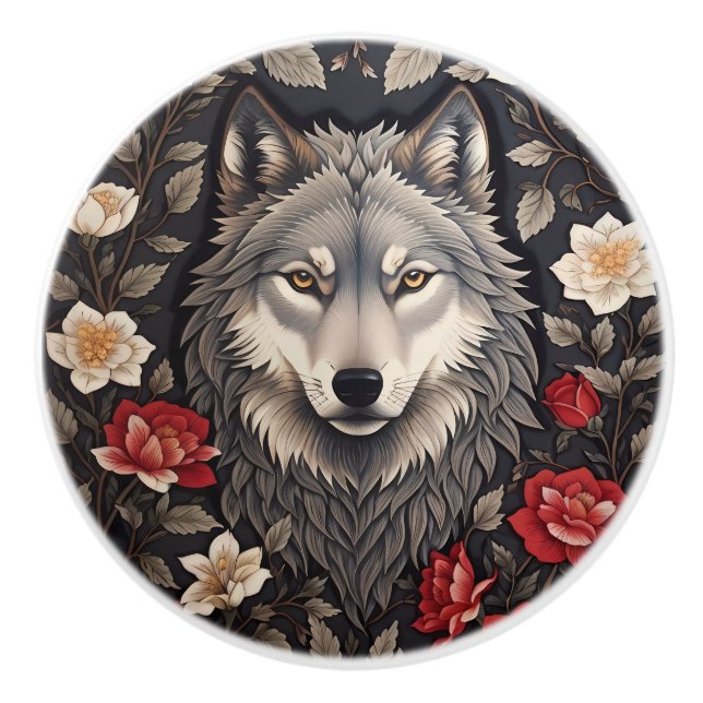 Bouton De Porte En Céramique Loup Gris Élégant Floral (Devant)