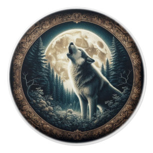 Bouton De Porte En Céramique Loup vintage et lune classique