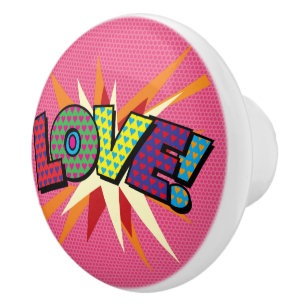 Bouton De Porte En Céramique LOVE Amusant Rétro Bande Dessinée Pop Art