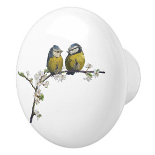 Bouton De Porte En Céramique Lovebirds assis sur une branche de fleurs de ceris