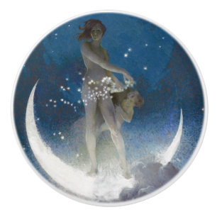 Bouton De Porte En Céramique Luna Goddess at Night Scattering Stars