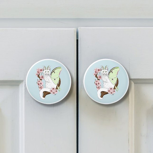 Bouton De Porte En Céramique Luna Moth Moth Blanc Chat Vert (Créateur téléchargé)