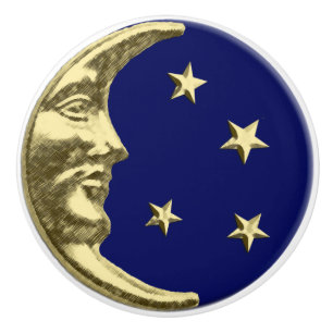 Bouton De Porte En Céramique Lune et étoiles d'art déco - bleu marine et or