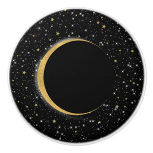 Bouton De Porte En Céramique Lune Magique Céleste Noir & Or Étoiles Lunaires