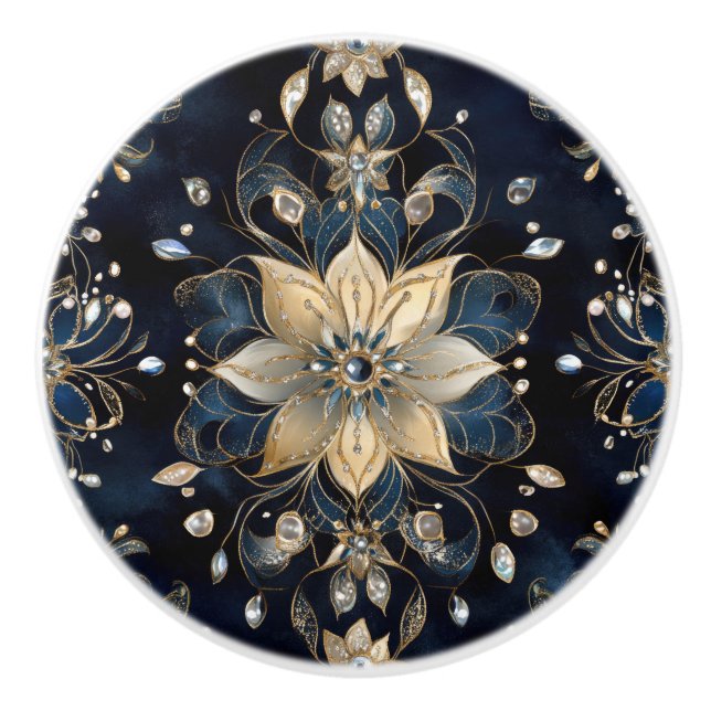 Bouton De Porte En Céramique Luxury Navy Gold Floral (Devant)